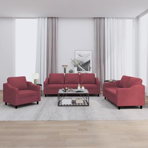 CINDERFUL 3-TLG. Sofagarnitur mit Kissen Weinrot Stoff,Komfortable Sofa Garnitur in Weinrot aus Stoff und Metall für Dein Wohnzimmer Möbel, Wohnzimmer