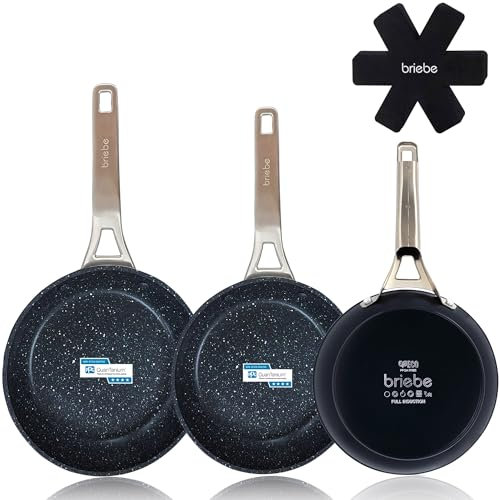 briebe Black Titanium Lot de 3 poêles antiadhésives à induction titane 20-24-28 cm, aluminium forgé, revêtement sans PFOA, manche professionnel en acier inoxydable, vitrocéramique, gaz, 3 protections