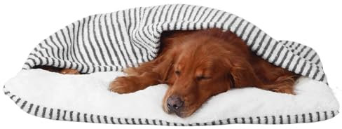 Hundeschlafsack mit Dach, Beruhigende Hundebett Hundehöhle, Winter Warm Plüsch Höhle mit Kapuze, Katzenbett mit Abnehmbaren Deckel, Hundesofa für Kleine und Mittelgroße Hunde(Stripe,75x60x23cm)