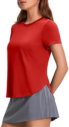 PINSPARK Workout Tops for Women Casual Short Sleeve Side Slit Gym Shirts Spring Outdoor UPF 50+ T-Shirt Basic Yoga Fitness Clothes Ladies Running Top Red M