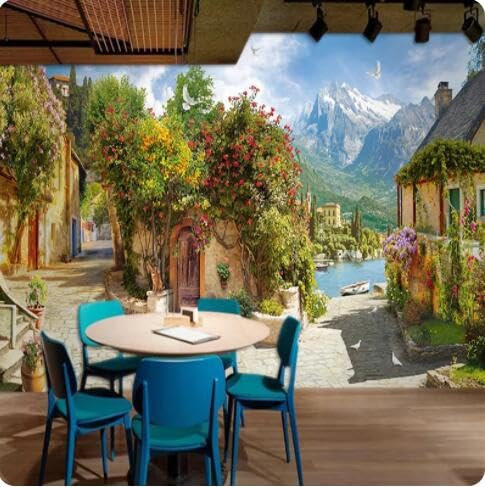 rskjdghshd Papier Peint Photo Personnalisé En 3D, Paysage De Petite Ville, Peinture Murale D'Arrière-Plan De Café, Restaurant-400Cmx280Cm
