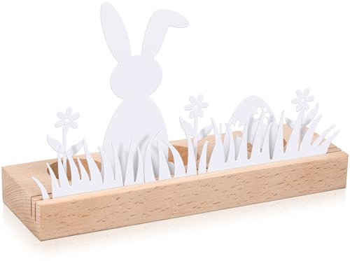 Namalu Ostern Deko Teelichter aus Metall Weiß Kaninchen Silhouette Holzsockel mit Gerillt Tischdeko modern Teelichtsockel Outdoor aus Holz