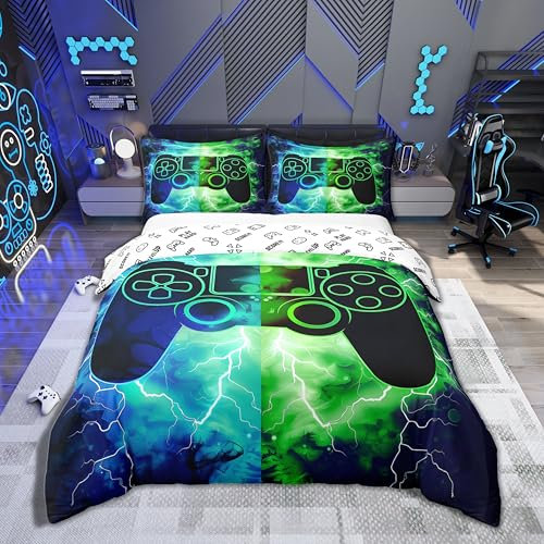 Loussiesd Gamer Gaming Bettwäsche Set 135x200cm Blitze Gamepad Bettbezug für Spielkonsole Betten Blau Grün Modern Bettwäsche-Set für Jungen Mädchen Jugendliche