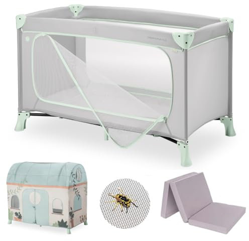 hauck Kinderreisebett Dream N Play Plus – XXL Zubehörpaket mit Matratze, Spielzelt & Insektenschutz, faltbar & klappbar, Tasche & großem Eingang – Dusty Mint