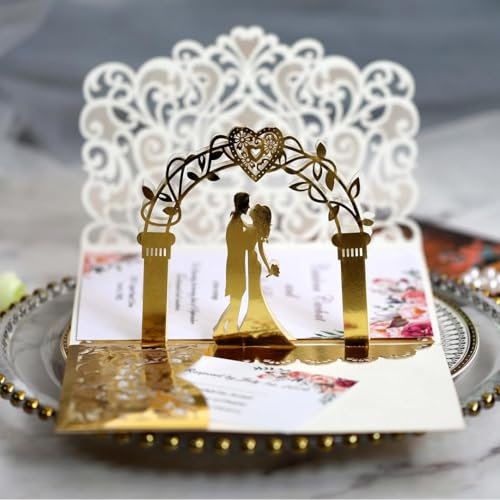 Carte de mariage pop-up 3D dorée, élégante, cadeau de mariage pour couple de mariés, cartes d'invitation, carte pop-up romantique