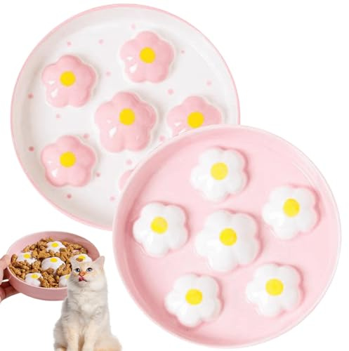 2er Set Anti Schling Napf Katze Keramik - Antischlingnapf Katze Im Blumen-Labyrinth Design - Slow Feeder Katzennapf Breit 16cm - Spülmaschinenfeste Katzennäpfe Pastellfarben (Weiß & Rosa)