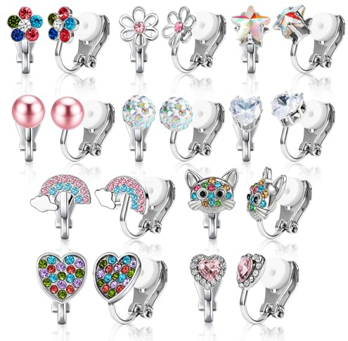 Clip Ohrringe, 10 Paar Ohrclips Kinder Ohne Ohrlöcher Clip on Ohrringe Mädchen mit Schmetterlinge Herz, Blumen, Perle Hypoallergene Ohrclips für Kinder Mädchen Geschenk