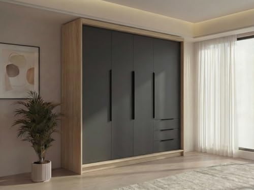 A&J MöbelLand KLARI Kleiderschrank 4-türig mit 3 Schubladen – 200 x 215 cm – Drehtürenschrank mit Kleiderstange und Einlegeböden
