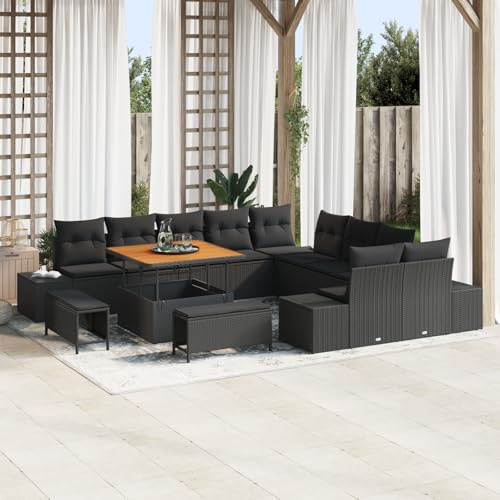 ZQQLVOO 13-TLG. Garten-Sofagarnitur mit Kissen Schwarz Poly Rattan, Modulares Outdoor-Sofa Set für Balkon und Terrasse, Wetterfeste Polyrattan Sitzgruppe mit Platz für 10 Personen,