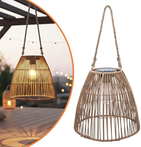 Solar Laterne Rattan Optik mit LED Glühbirne und Kordel zum Hängen - 24 cm - Vintage Hängelampe warm weiß beleuchtet für Außen - Solarlampe Garten Lampe Balkon Leuchte Deko Beleuchtung