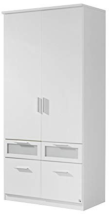 Rauch Möbel Bochum Schrank Kleiderschrank Drehtürenschrank 2-türig mit 4 Schubladen, Weiß / Milchglas, BxHxT 91x199x56 cm