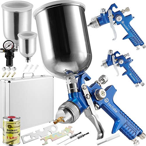 TecTake 3X Pistolas de Pintar pulverizadora Pintura HVLP 1,7 + 1,3 + 0,8 mm + maletín Conjunto + 1,0 L decapante Silicona