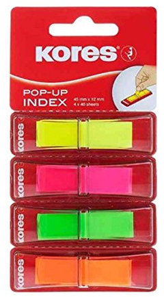 Kores N45127 Haftstreifen Pagemarker POP-UP, 45 x 12 mm, 4 verschiedene Farben zu je 40 Blatt sortiert im Dispenser