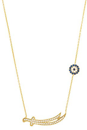 Remi Bijou 925 Silber Halskette Kette + Anhänger 'Zülfikar' oder 'Schwert' - Gold Farbe Zirkonia Strass - Nazar Auge - Ali Aleviten