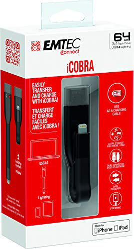 Emtec ICOBRA2 T500 PenDrive 3.0 (3.1) 64GB OTG Duo PenDrive USB-A/Lightning per iPhone e iPad,MAC (Certificato APPLE MFi), colore Nero