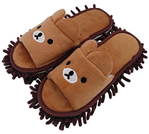 Selric Dust Mop Slippers Bear Image Coffee,Microfiber House Floor Cleaning Mop Slippers Detachable Mopping Shoes Cleaning Tool 8 2/3[Size:2-3]