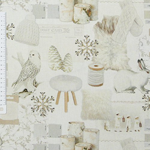 Dekostoff Halbpanama Digitaldruck Schnee Eule Hase Holz weiß 1,40m