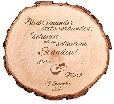 Casa Vivente Baumscheibe mit Gravur – Personalisiert mit Namen und Datum – Motiv Ringe – Dekoration – Türschild – Geschenkidee zur Hochzeit – Hochzeitsgeschenk