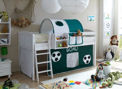 Hochbett Spielbett Eric Landhaus Kiefer massiv Weiss, Vorhangstoff:Goal