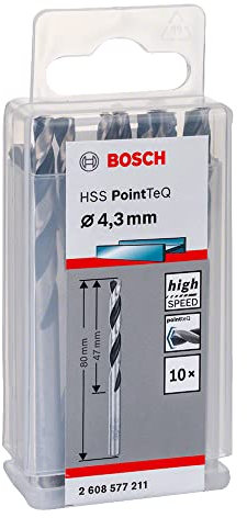 Bosch Professional 2608577211 HSS PointTeQ (4,3 x 47 x 80 mm) - Set da 10 Pezzi di Punte Elicoidali per Trapano per Metallo, Acciaio, Fusione o Plastica, Grigio (Argento), Ø 4.3 mm