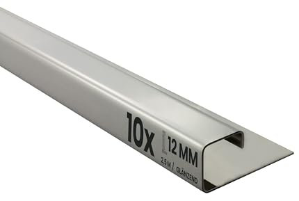 10x Quadrat-Profil Edelstahlschiene Fliesenprofil Fliesenschiene Edelstahl V2A L250cm 12mm glänzend