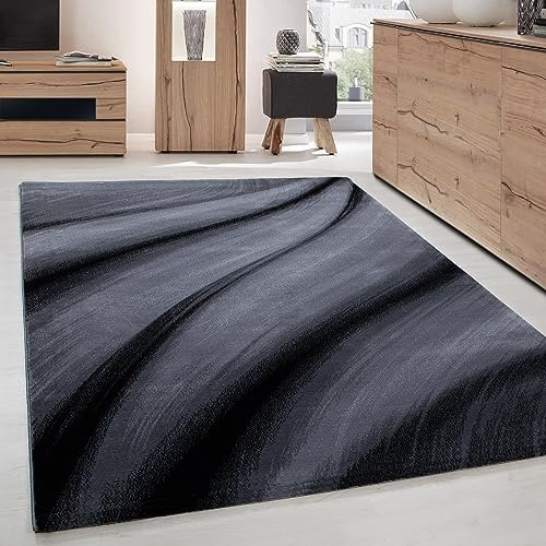 Carpettex Teppich Wohnzimmer Kurzflor 80 x 150 cm Läufer Flur Teppich Modern Abstrakt Wellen Design Schwarz - Teppich Bettvorleger Schlafzimmer Weich Flauschig Waschbar Küchenläufer Esszimmer Teppiche
