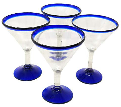 Mexican Hand Blown Glass – Set of 4 Hand Blown Modern Margarita Glasses - Blue Rim (12 oz)