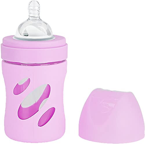 Twistshake Biberon en Verre avec Large Ouverture et Tétine Souple en Anti-colique Silicone Débit Lent, Donner le Biberon avec Tétine en Forme de Sein, 180 ml, sans BPA, 0 Mois et +, Violet Pastel