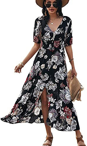 Saiqigui Women's Summer Short Sleeve V-Neck Floral Casual Maxi Long Dress Beach Boho Style (XL, Black, x_l)