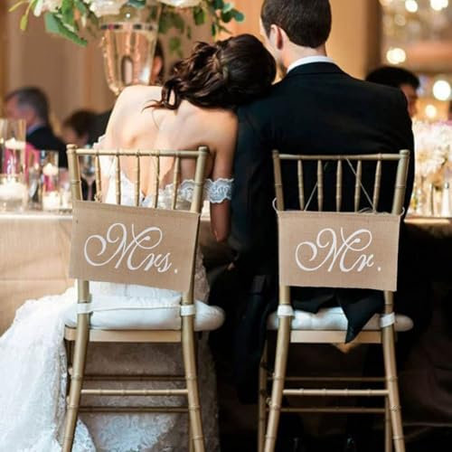 Mr & Mrs Stuhl Banner Set, Mr und Mrs Stuhlschilder, Mr und Mrs hochzeit Spitze Sackleinen Stuhl-Schild für rustikale Hochzeit,Party,Dekoration,Brautparty,Hochzeit,Foto,Requisiten Hintergrund(36*23cm)