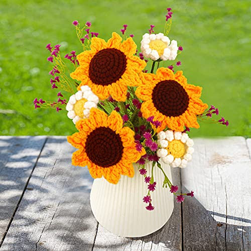 Levvohd 8 Stück gestrickte künstliche Sonnenblumen-Gänseblümchen, künstliche Blumen für Dekoration, Wolle mit Stielen, weißer Blumenstrauß, für Festival, Party, Tischdekoration, Geschenk