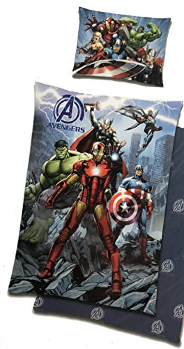 tex idea Bettwäsche-Set Avengers Bezug 135x200cm Kissen 80x80cm (2 Stück, Polyester, Rot, Blau, Gold, Reißverschluss, Queen, Cartoon, Unisex, Alle Jahreszeiten)