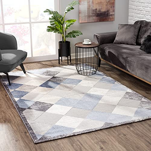 SANAT Evra Teppich für das Wohnzimmer - Kurzfloriger Teppich mit modernem Design - Geeignet für Wohnzimmer, Flur, Korridor, Esszimmer, Schlafzimmer, Küche und Kinderzimmer - Blau Grau, 200 x 280 cm