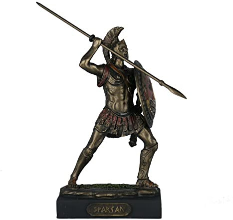 BeautifulGreekStatues Spartanische Krieger mit Speer und Hoplite Schild Kaltgussbronze Statue 12,4 cm