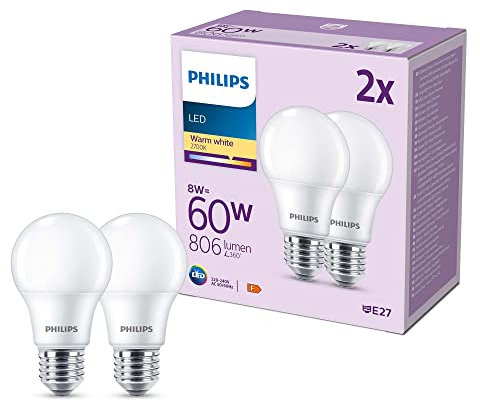 Philips LED E27 Lampe ersetzt 60W, warmweißes Licht (2700 Kelvin), 806 Lumen, matt, 2er Pack