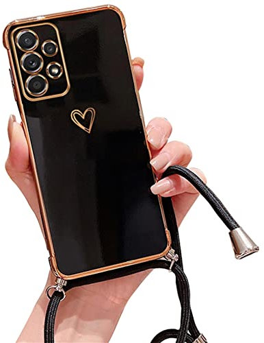 Einaily Handykette Hülle für Samsung Galaxy S21 Ultra, Handyhülle mit Kordel Einstellbar Abnehmbar Umhängen Kette Stylische Stoßfeste TPU Goldenes Herz Galvanik Silikon Schutzhülle Galaxy S21 Ultra