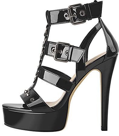 Only maker Damen Plateau Sandalen T-Spange High Heels mit Nieten Lackoptik Stiletto Absatz Sandaletten Schwarz 35 EU