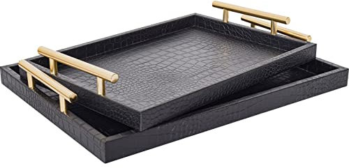 JUMBO HUMBLE Modern Elegant Large Wood Serving Tray, Set of 2 Black Crocodile Leather with Gold Polished Metal Handles, Home Decorative Rectangle Ottoman Decor Platter Living Room Bathroom Vanity Tray