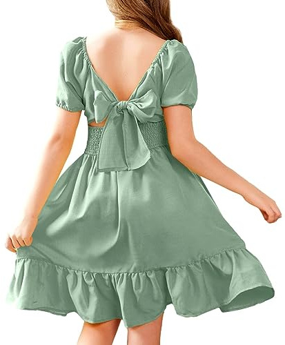 Arshiner Kleid für Mädchen Sommer Freizeitkleid Kinder Schulterfrei Partykleid Rückenfrei Elegant Kinderkleidung Hellgrün 146