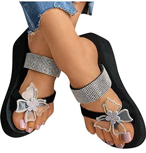 Dasongff été Femme Tongs Nu-Pieds Sandales Plates Brillante Bijoux Strass Sandales D'extérieur Papillons Cales Tongues Casual Vacances Tongs Élégant Chaussons Mode