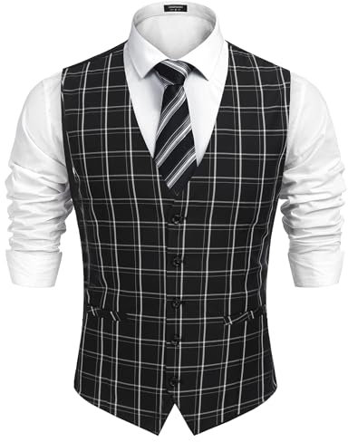 COOFANDY Herren Business Anzugweste Casual Kleid Weste Slim Fit formelle Weste, Schwarz Plaid , Large