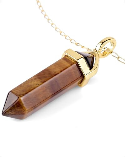 LAVISA Obelisk Edelsteinkette Gold, Anhänger, echte Kristall kette, Halskette, Rosenquarz, Amethyst, Naturstein - 55 + 5 cm (Tigerauge)