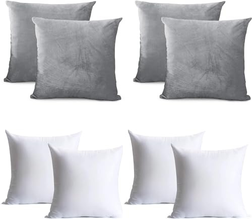 Oxford Homeware Velvet Cushion Covers 45cm x 45cm (Pack of 4) Silver Cushions with Covers Included – Decorative Cushions for Living Room Sofa Bedroom with Invisible Zipper, 18 x 18 Inch
