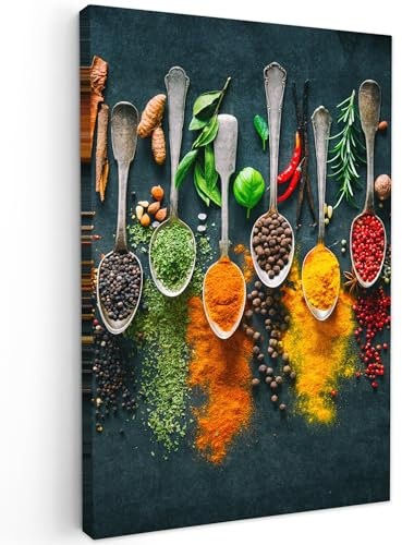 MuchoWow© Bilder 60x90 cm Wohnzimmer Deko Modern Wandbild Kunstdruck auf Leinwand Bild Schlafzimmer über Bett Room Decor Geschenke Küche - Kräuter - Gewürze - Löffel