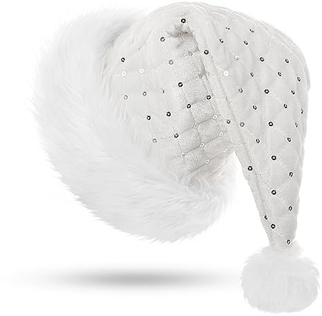 KONVINIT Weihnachtsmütze Erwachsene Luxus Weihnachtsmann Mütze Nikolausmütze mit mit Mustern von Weihnachtsbäumen, Schneeflocken Santa Mütze Männer und Frauen Weihnachtself Mütze,weiss