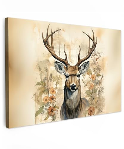 MuchoWow© Bild auf Leinwand Groß 120x80 cm XXL Schlafzimmer Bilder Wand Deko Wohnzimmer Modern Wanddeko Bilderwand Geschenk Vintage - Hirsch - Rothirsch - Blumen - Beige - Tiere - Natur