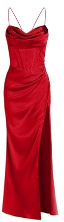 AYAZER Vestido Satén Capucha Lazo Delantero Corsé Vestido De Noche para Fiesta De Día Y Noche Mujeres Elegantes Rojo Maxi Slim Fit Sexy-Rojo-L
