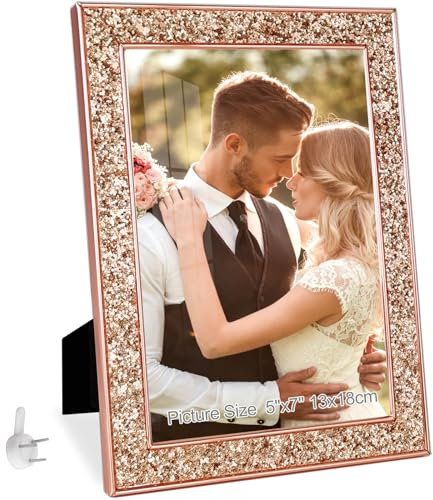 HIKWADERY 5x7 Picture Frame Glitter, Rose Gold Bling 5 by 7 Photo Frames with HD Real Glass, for Wall or Tabletop Display, Family Friends Wedding Father's Day Gift (5 x 7, Rose Gold)