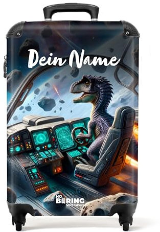 NoBoringSuitcases.com Kinderkoffer, Reisekoffer Personalisiert, Kinderkoffer Jungen, Suitcase, TSA, Koffer Kinder Jungen, Kindertrolley Jungen, Handgepäck Koffer 55x40x20 cm (Dino, Raumschiff - Blau)