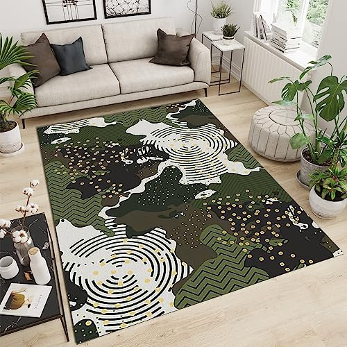 WIQUYBML Abstrakter, Schlichter grüner Tarnlinien-Innenteppich, 170 x 240 cm, Kurzflor-Kinderteppich – für Terrasse, Garten, Küche, Badezimmer oder